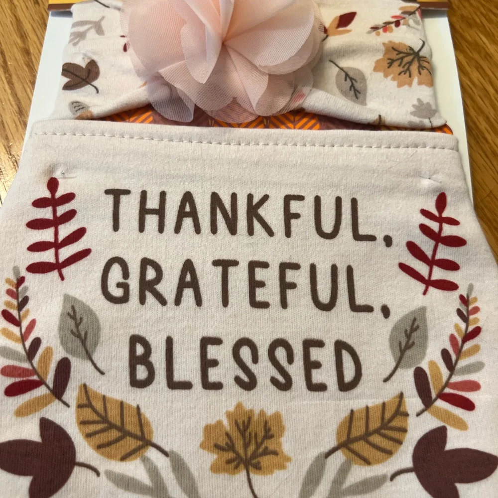Thankful blessed grateful bib hair bow and socks set
